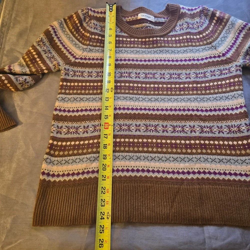 Calvin Klein Fair Isle Long Sleeve‎ Crew Neck Sweater Women's M Brown EUC